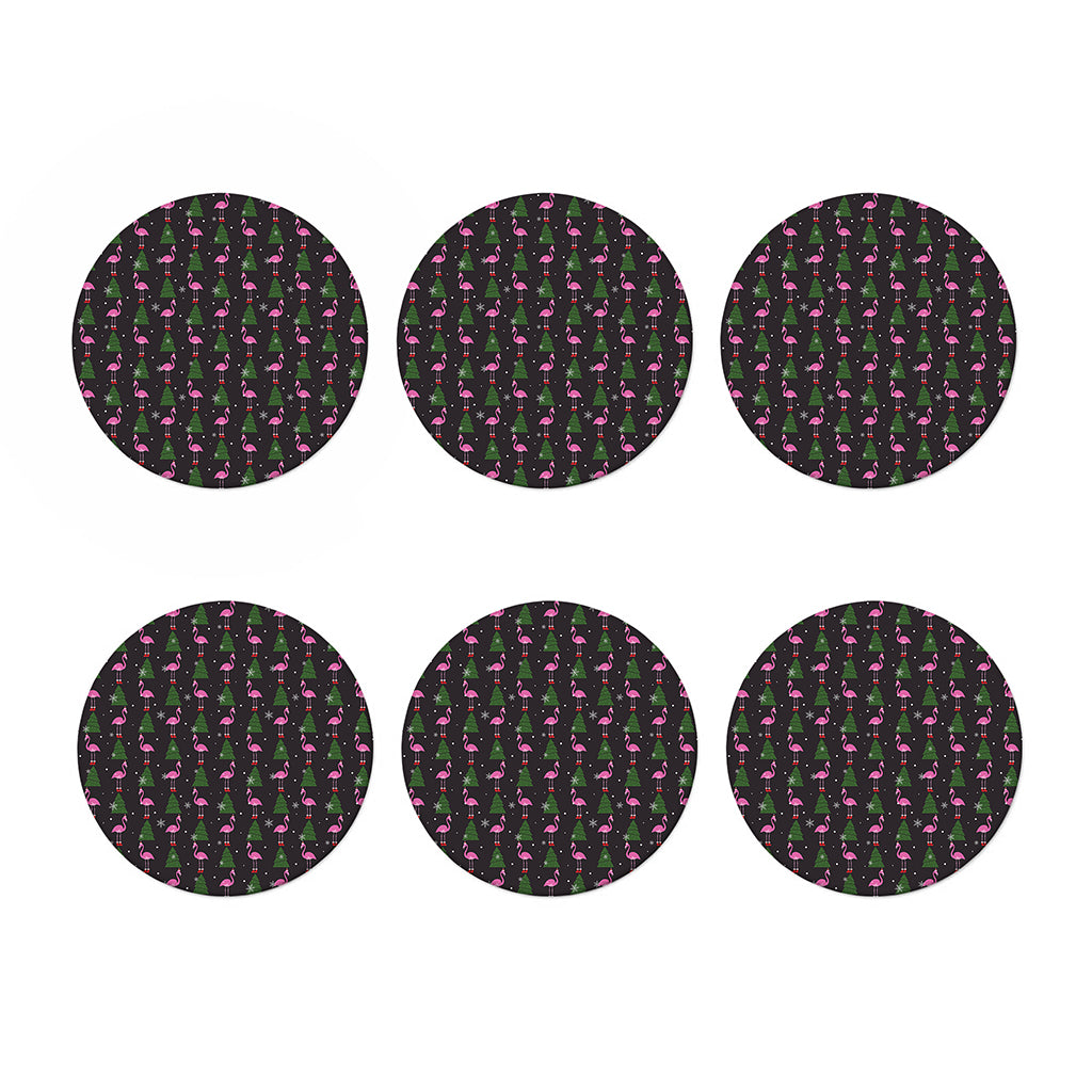 Pink Christmas Flamingo Pattern Print Coaster Set