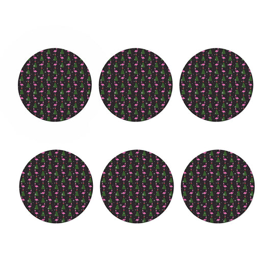 Pink Christmas Flamingo Pattern Print Coaster Set