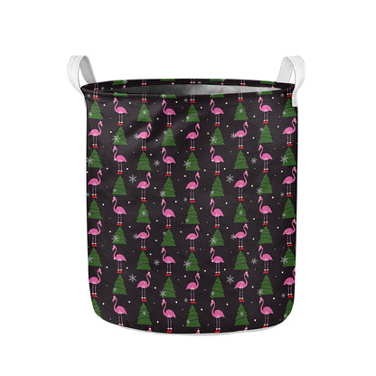 Pink Christmas Flamingo Pattern Print Collapsible Laundry Basket