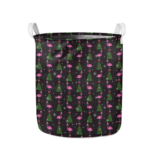 Pink Christmas Flamingo Pattern Print Collapsible Laundry Basket