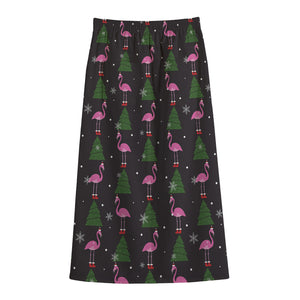 Pink Christmas Flamingo Pattern Print Cotton Front Slit Maxi Skirt