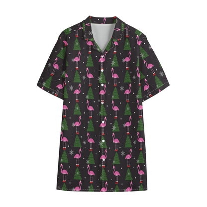 Pink Christmas Flamingo Pattern Print Cotton Hawaiian Shirt