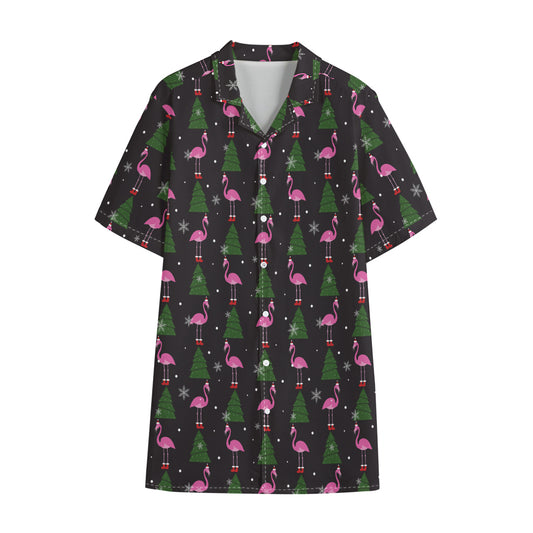 Pink Christmas Flamingo Pattern Print Cotton Hawaiian Shirt