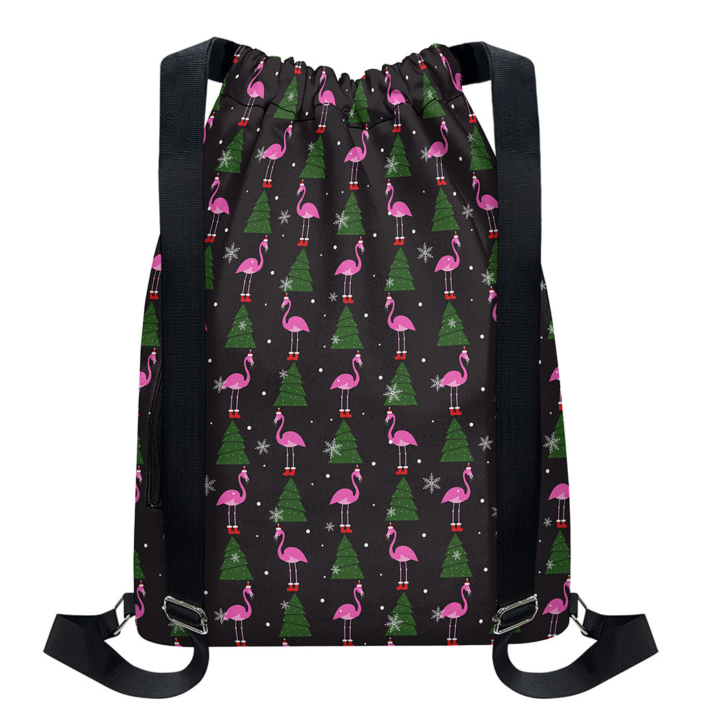 Pink Christmas Flamingo Pattern Print Drawstring Backpack