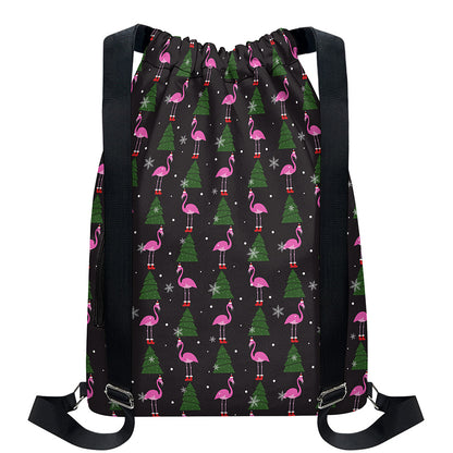Pink Christmas Flamingo Pattern Print Drawstring Backpack
