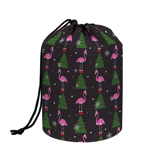 Pink Christmas Flamingo Pattern Print Drawstring Makeup Bag