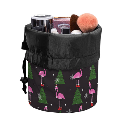 Pink Christmas Flamingo Pattern Print Drawstring Makeup Bag