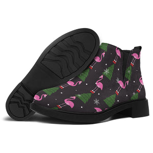 Pink Christmas Flamingo Pattern Print Flat Ankle Boots