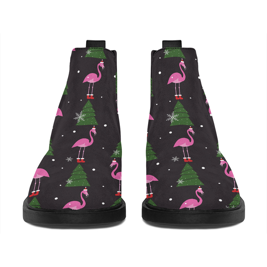 Pink Christmas Flamingo Pattern Print Flat Ankle Boots