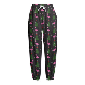 Pink Christmas Flamingo Pattern Print Fleece Lined Knit Pants