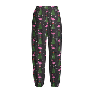 Pink Christmas Flamingo Pattern Print Fleece Lined Knit Pants