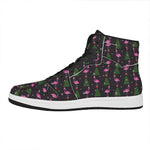 Pink Christmas Flamingo Pattern Print High Top Leather Sneakers