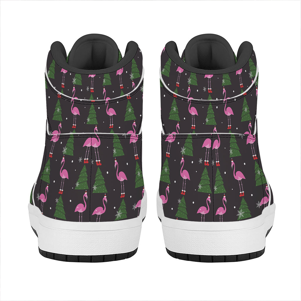 Pink Christmas Flamingo Pattern Print High Top Leather Sneakers