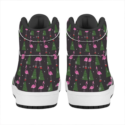 Pink Christmas Flamingo Pattern Print High Top Leather Sneakers