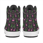 Pink Christmas Flamingo Pattern Print High Top Leather Sneakers
