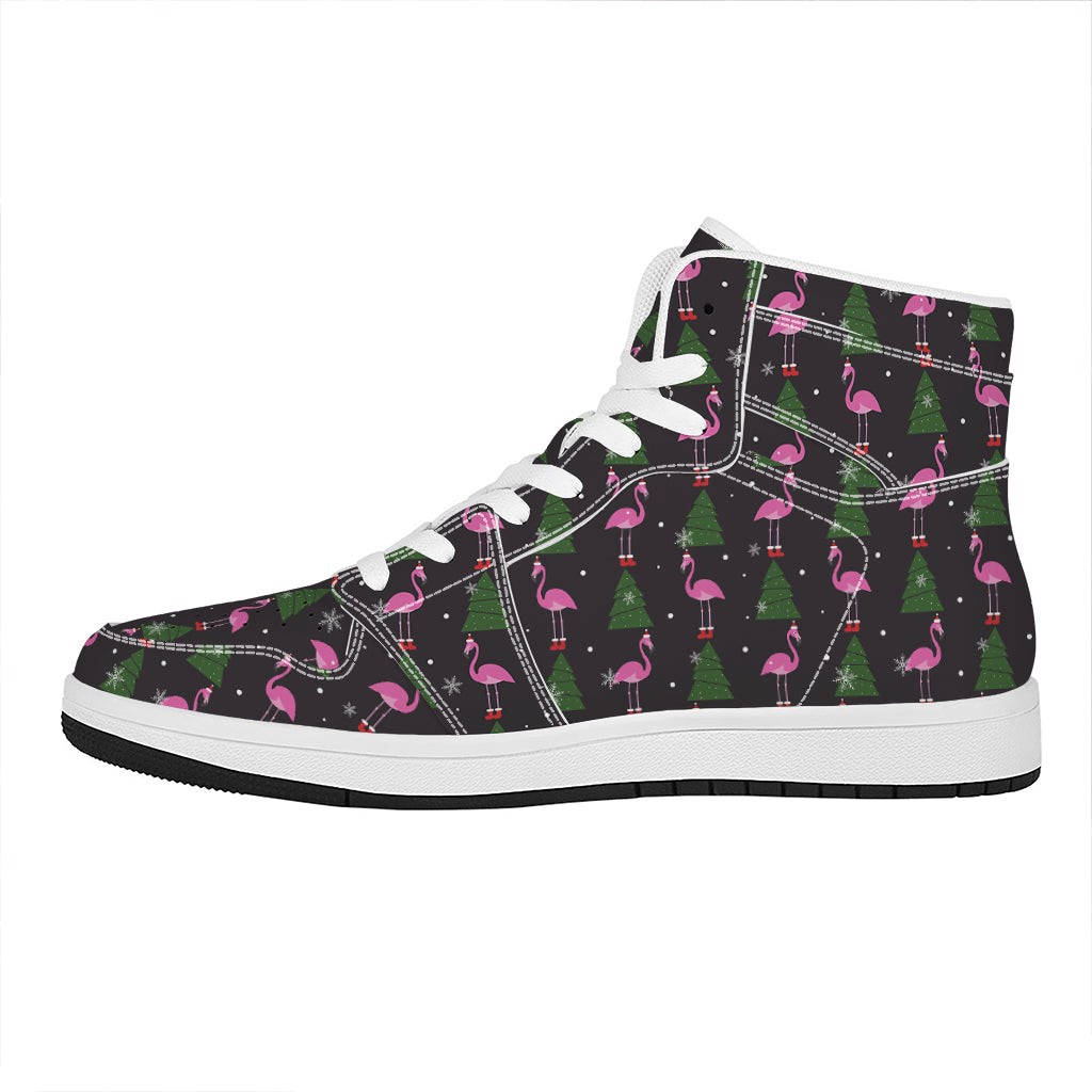 Pink Christmas Flamingo Pattern Print High Top Leather Sneakers
