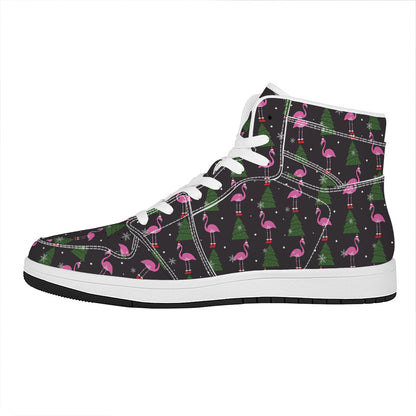 Pink Christmas Flamingo Pattern Print High Top Leather Sneakers