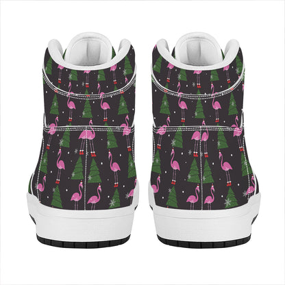Pink Christmas Flamingo Pattern Print High Top Leather Sneakers