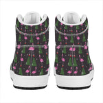 Pink Christmas Flamingo Pattern Print High Top Leather Sneakers