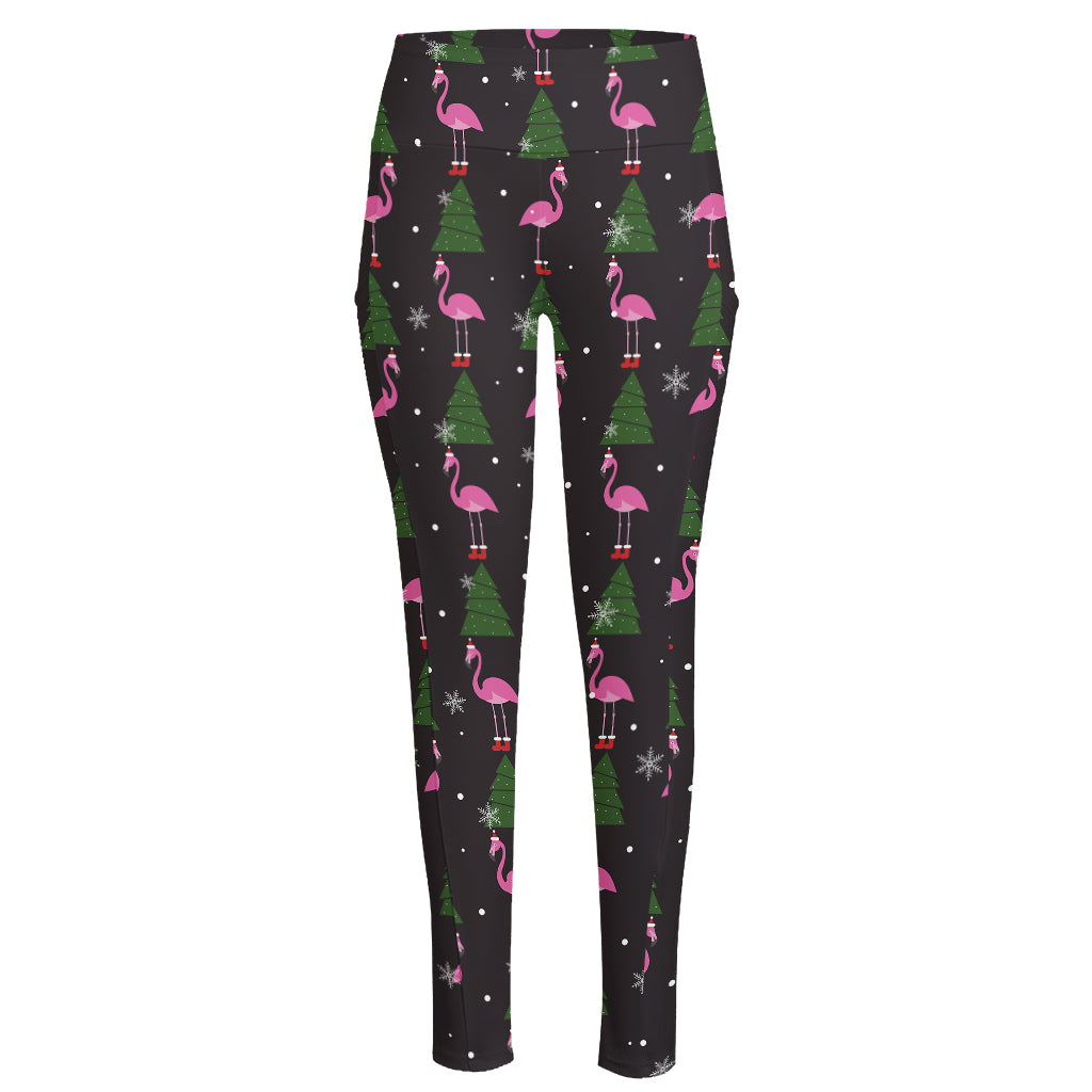 Pink Christmas Flamingo Pattern Print High-Waisted Pocket Leggings