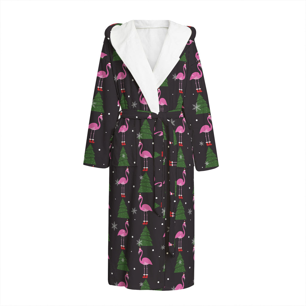 Pink Christmas Flamingo Pattern Print Hooded Bathrobe