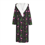 Pink Christmas Flamingo Pattern Print Hooded Bathrobe