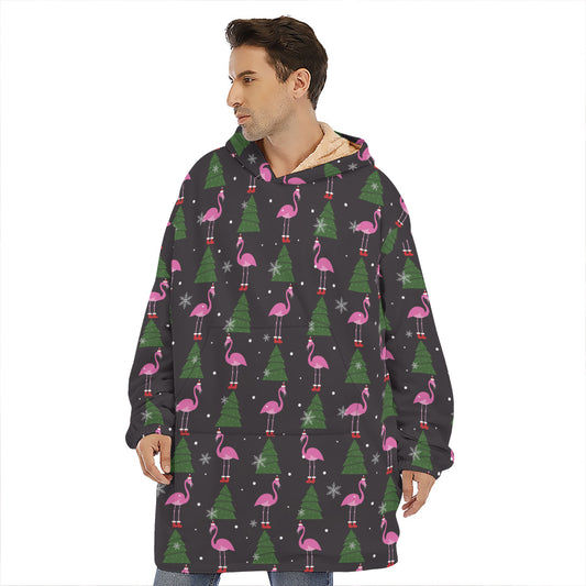 Pink Christmas Flamingo Pattern Print Hoodie Blanket