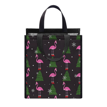 Pink Christmas Flamingo Pattern Print Insulated Lunch Tote