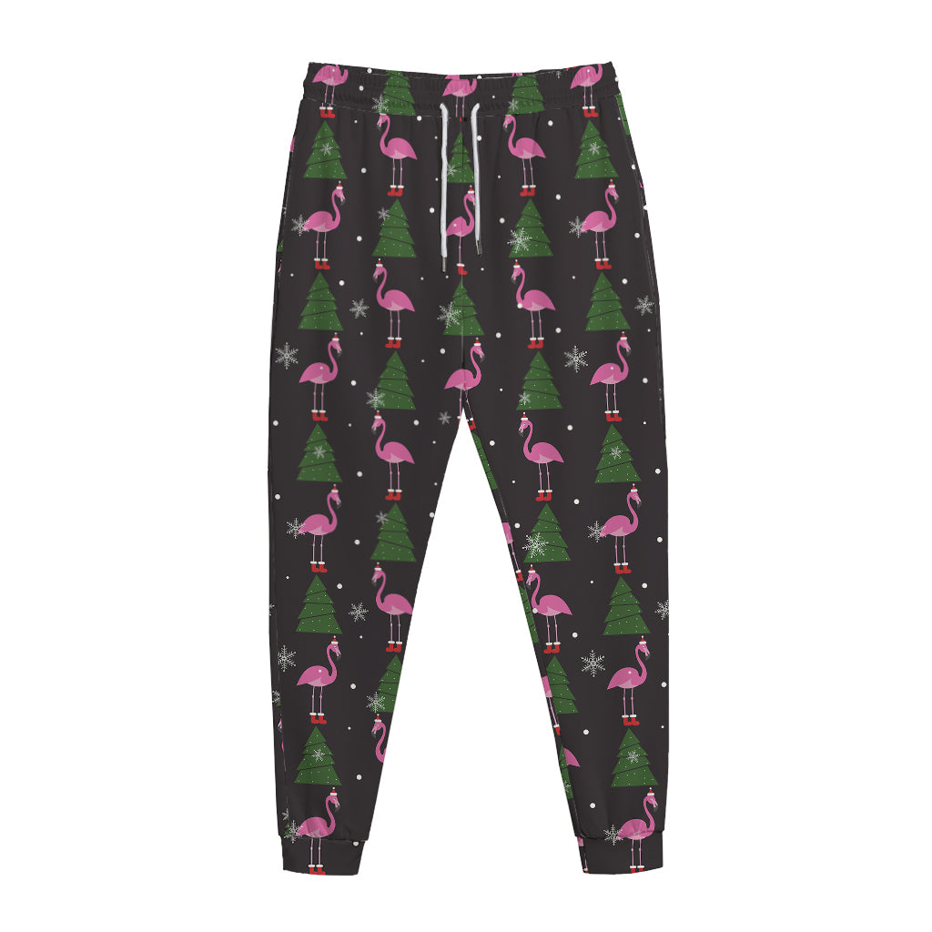 Pink Christmas Flamingo Pattern Print Jogger Pants