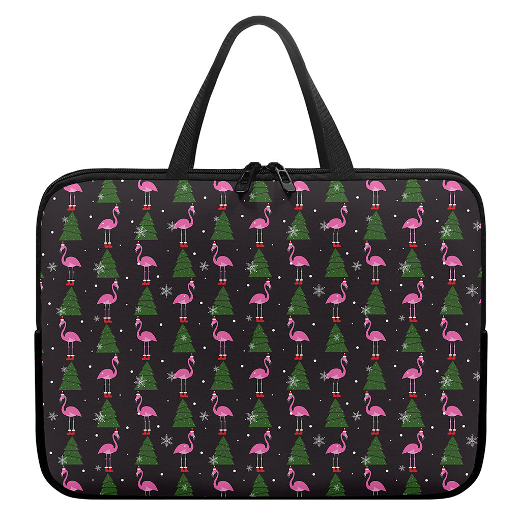Pink Christmas Flamingo Pattern Print Laptop Sleeve With Handle