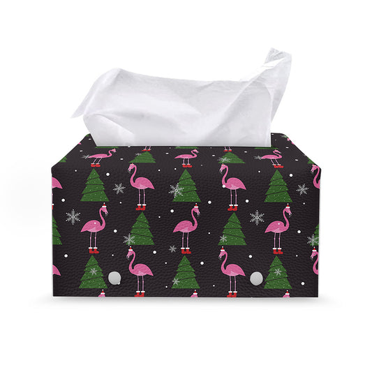 Pink Christmas Flamingo Pattern Print Leather Tissue Box Cover