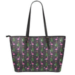 Pink Christmas Flamingo Pattern Print Leather Tote Bag