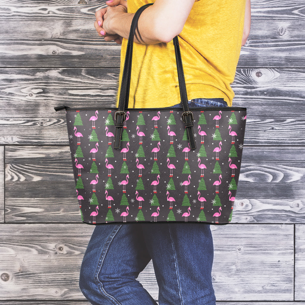 Pink Christmas Flamingo Pattern Print Leather Tote Bag