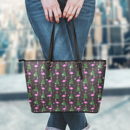 Pink Christmas Flamingo Pattern Print Leather Tote Bag