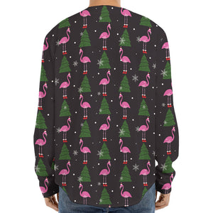 Pink Christmas Flamingo Pattern Print Long Sleeve Baseball Jersey