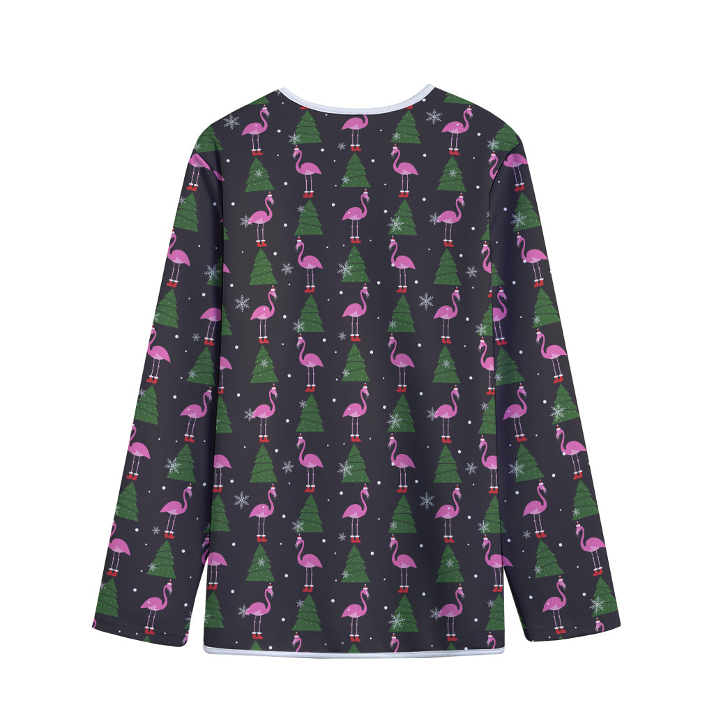 Pink Christmas Flamingo Pattern Print Long Sleeve Short Coat