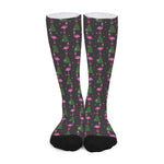 Pink Christmas Flamingo Pattern Print Long Socks