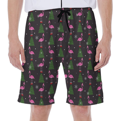 Pink Christmas Flamingo Pattern Print Men's Beach Shorts