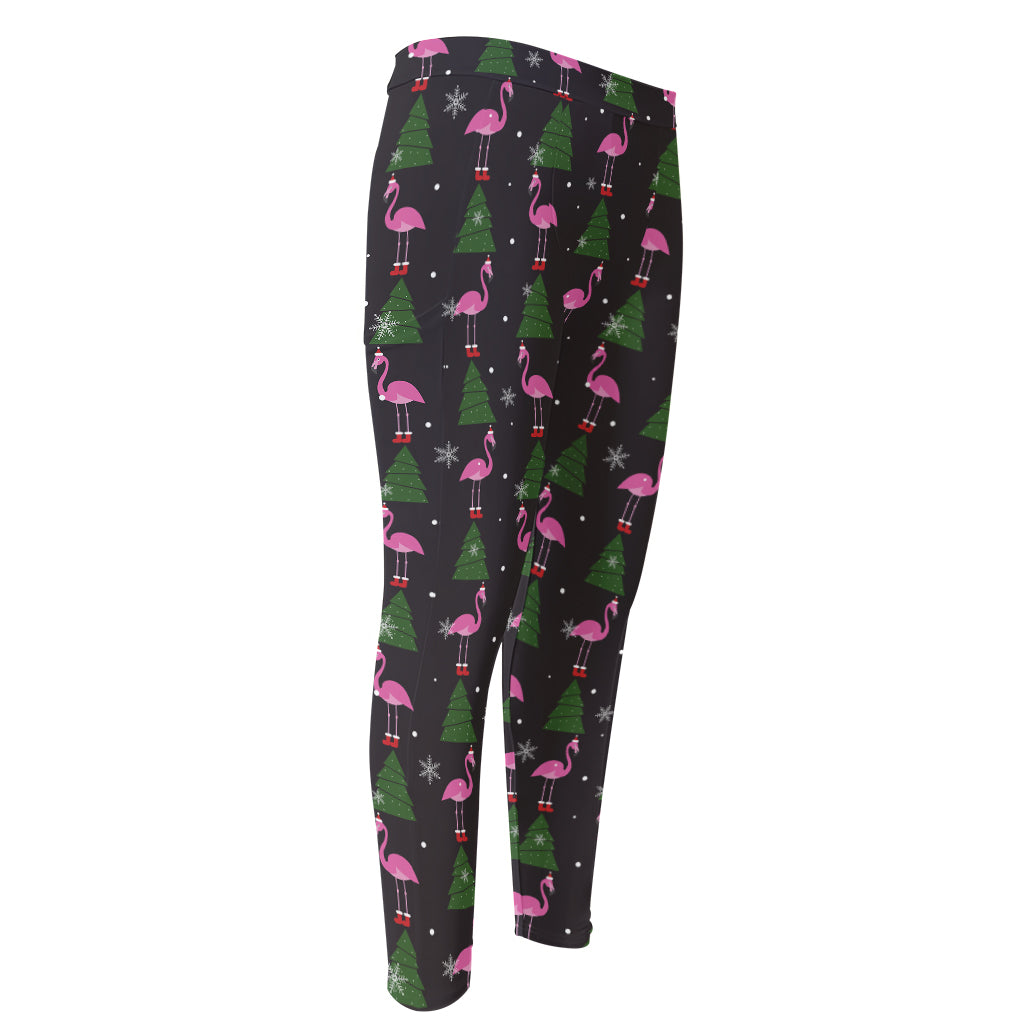 Pink Christmas Flamingo Pattern Print Men's Compression Pants