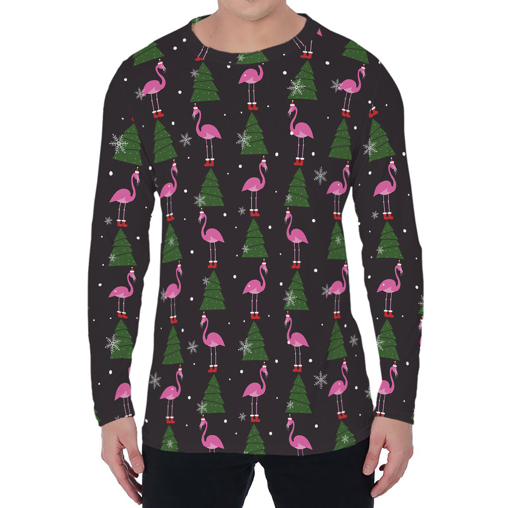Pink Christmas Flamingo Pattern Print Men's Long Sleeve T-Shirt