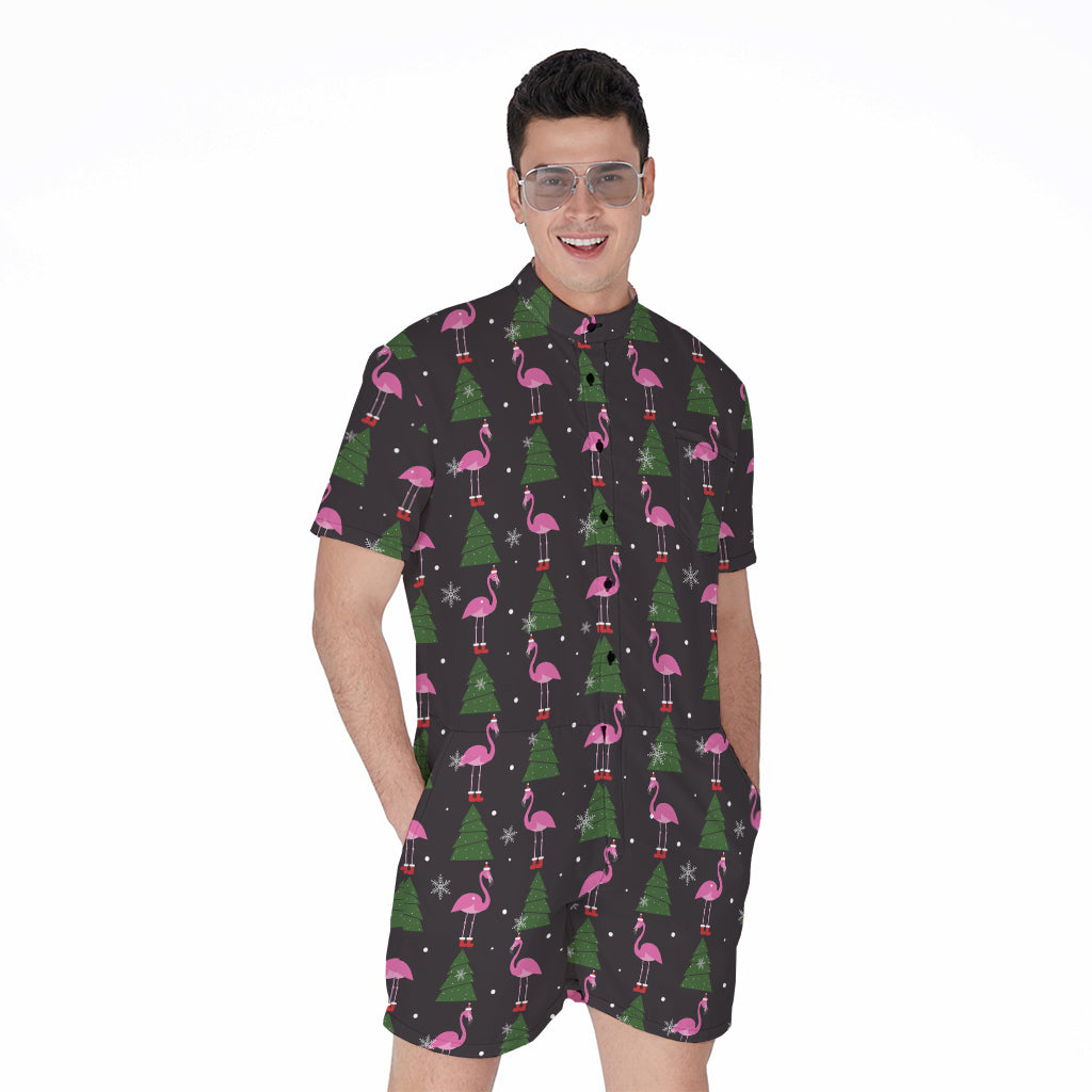 Pink Christmas Flamingo Pattern Print Men's Rompers