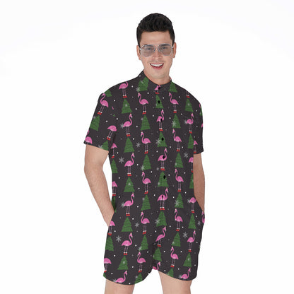 Pink Christmas Flamingo Pattern Print Men's Rompers