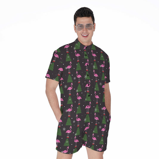 Pink Christmas Flamingo Pattern Print Men's Rompers