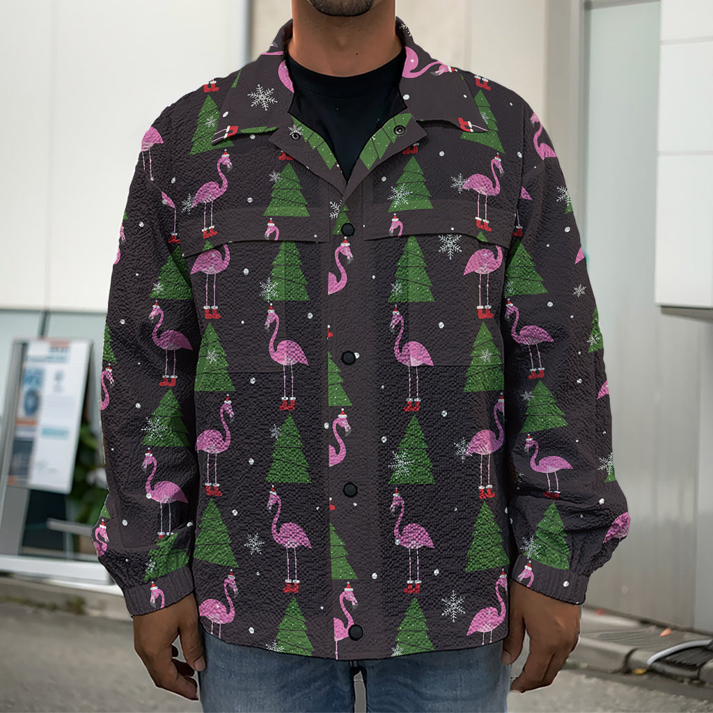 Pink Christmas Flamingo Pattern Print Men's Shirt Jacket