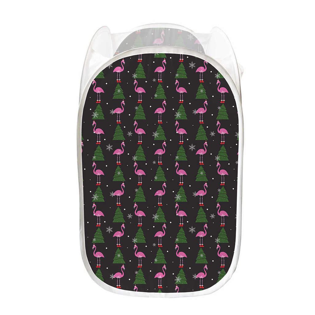 Pink Christmas Flamingo Pattern Print Mesh Laundry Hamper