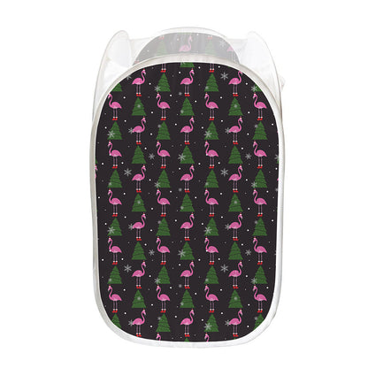 Pink Christmas Flamingo Pattern Print Mesh Laundry Hamper