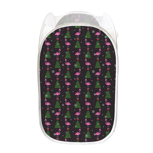 Pink Christmas Flamingo Pattern Print Mesh Laundry Hamper