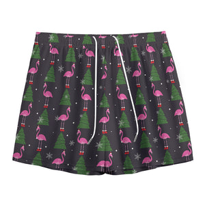 Pink Christmas Flamingo Pattern Print Mesh Shorts