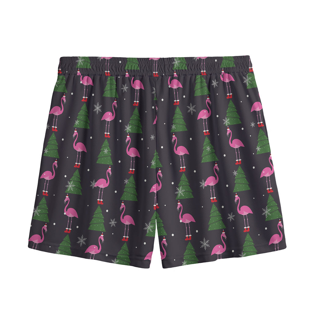 Pink Christmas Flamingo Pattern Print Mesh Shorts