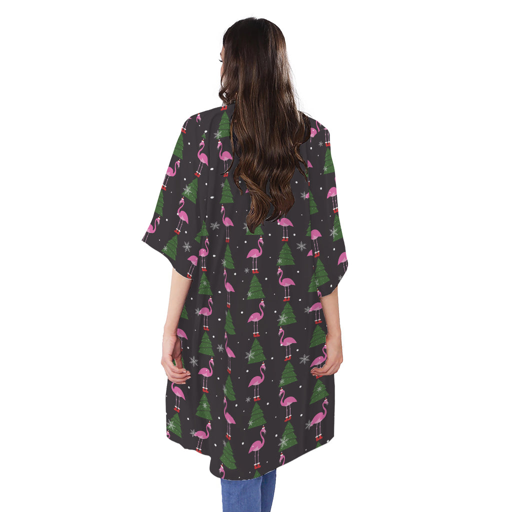 Pink Christmas Flamingo Pattern Print Open Front Beach Cover Up